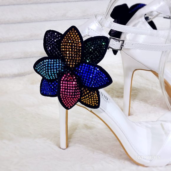 Ellie Pearl White Stiletto High Heels With Diamante Flowers - Picture 9 of 13